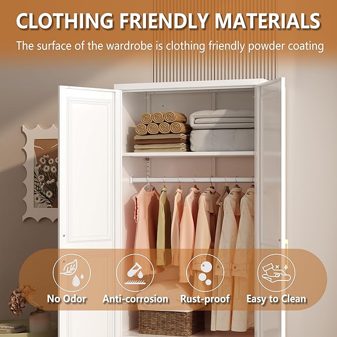 Metal Armoire Wardrobe Closet with Doors and Shelves, 71" Tall Freestanding Wardrobe Cabinet for Hanging Clothes, Large Closet with Hanging Rod for Bedroom, Office, School, Employee, Gym, White