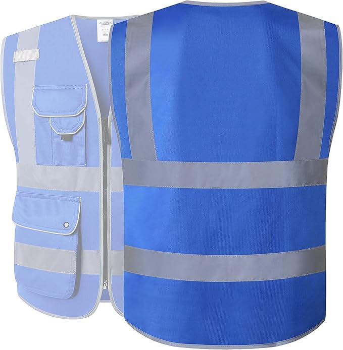 JKSafety 9 Pockets Class 2 High Visibility Zipper Front Safety Vest With Reflective Strips,Meets ANSI/ISEA Standard (5X-Large, 150-Blue)