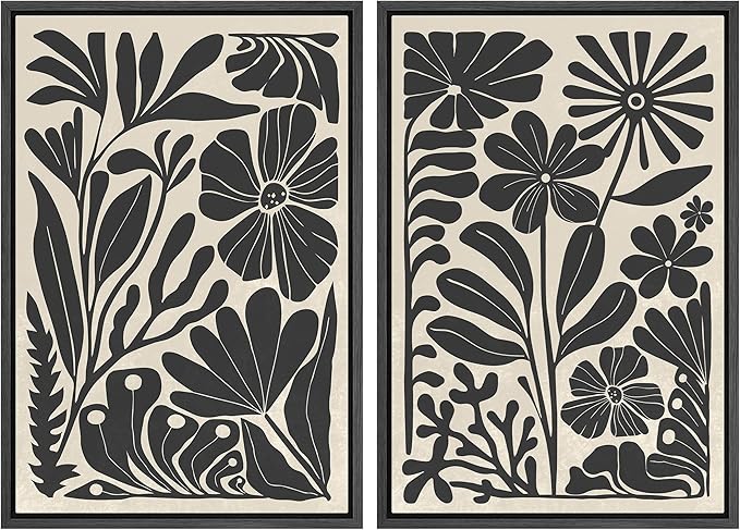 MUDECOR Framed Canvas Wall Art Abstract Floral Botanical Prints Minimalist Modern Art Boho Wall Decor for Bedroom - 16"x24"x2 Black
