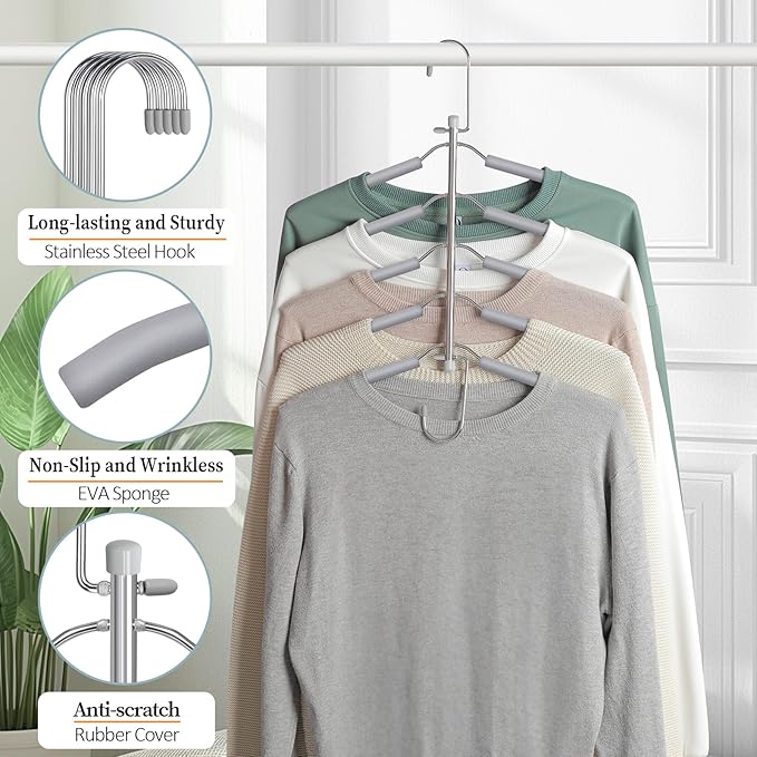 Clothes Hangers Space Saving Shirt Organizer, Non Slip Multi Shirt Hangers for Closet with Foam Padded Closet Organizers and Storage for Sweater Hoodie Blouse Coat Dress Short Grey 2 Pack