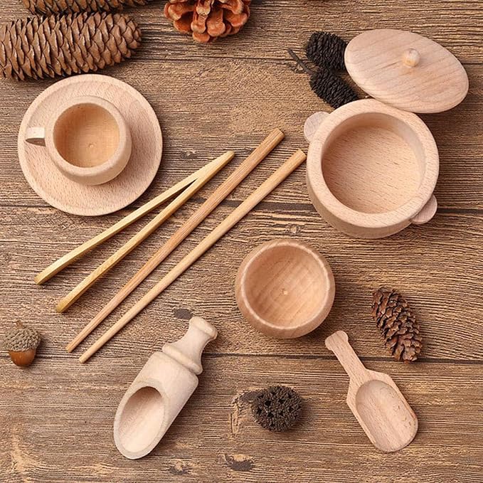 Sensory Bin Tools, Toys, Set of 8 Wooden Scoops and Wooden Tongs, Fine Motor Learning Toy for Children Kids Aged 3 and Up