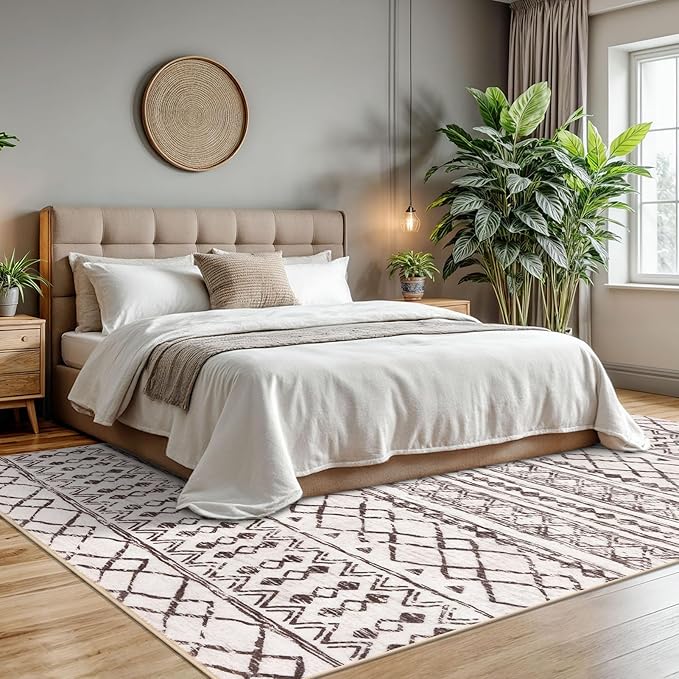 KUTA Boho Living Room Rug 8x10, Moroccan Brown Cream Washable Area Rugs 8x10 Non Slip, Ultra Soft Print Distressed Geometric Low-Pile Throw Carpet for Bedroom Nursery Dorm Decor