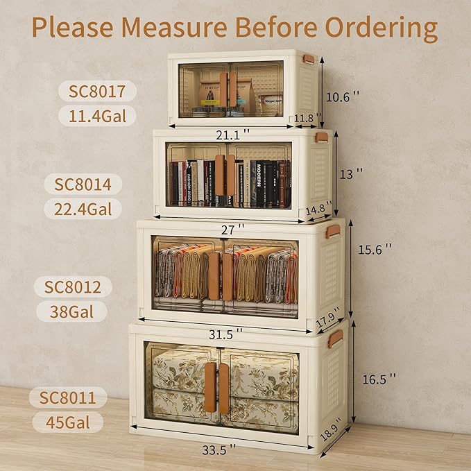 Plastic Stackable Storage Bins with Lids and Wheels, 179.2QT-89.6QT*2Tier Foldable Closet Organizers and Containers, Collapsible Clear Drawer Storage Cabinet with Doors Ivory White