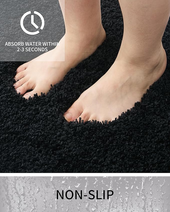 Bathroom Rugs 48x24, Ultra Thick Shaggy Soft Microfiber Absorbent Bath Rug, High Density Foam Latex Non Slip Backing, Machine Washable Bath Mats for Bathroom Floor & Sink, Black
