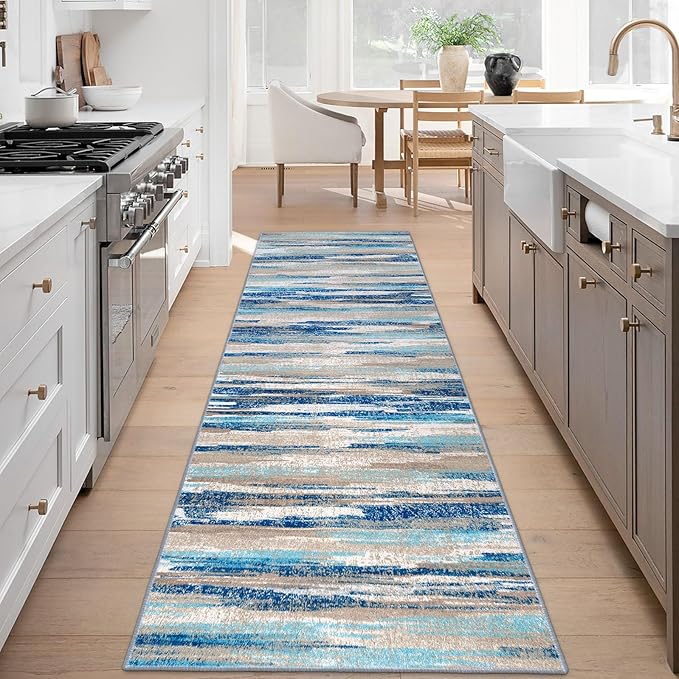 Modern Abstract Runner Rug 3x8, Blue Washable Kitchen Runner Non-Slip Soft Hallway Rug Runner Thin Print Faux Wool Carpet for Entryway Bedroom Laundry Room Indoor Home Office Decor