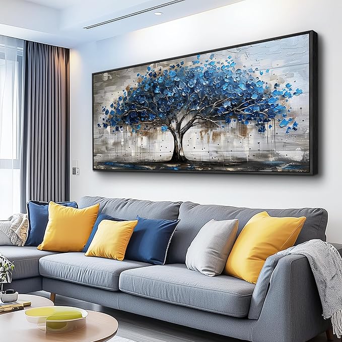 Lapremoly Framed Wall Art For Living Room Tree of Life Canvas Prints Extra Large Wall Decorations Blue Artwork For Walls Forest Pictures Abstract Paintings for Bedroom Office Modern Home Decor 32X72