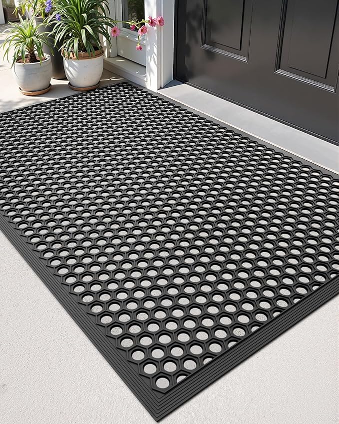 DEXI Front Door Mat 32x48, Non Slip Rubber Doormat Outside Entrance, Heavy Duty Waterproof Drainage Entry Mats, Low Profile Dirt Trapper for Patio Entryway, Black