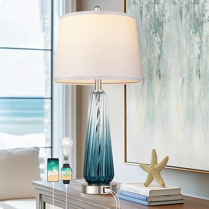 Glass Table Lamps for Living Room, Modern Bedside Lamps with USB A+C Ports, 3-Way Dimmable Touch Control Nightstand Lamp with White Linen Shade, 27.5" Large Lamps for Bedrooms Decor, Teal, 1 Pack