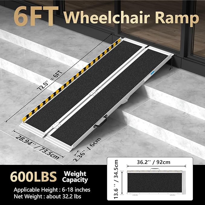 6FT Portable Wheelchair Ramp, Non-Slip Aluminum Folding Handicap Ramp, Ramps for Wheelchairs for Home with Handle, Wheelchair Ramps for Home Steps/Stairs/Threshold/Doorways/Scooter, 600LBS Capacity