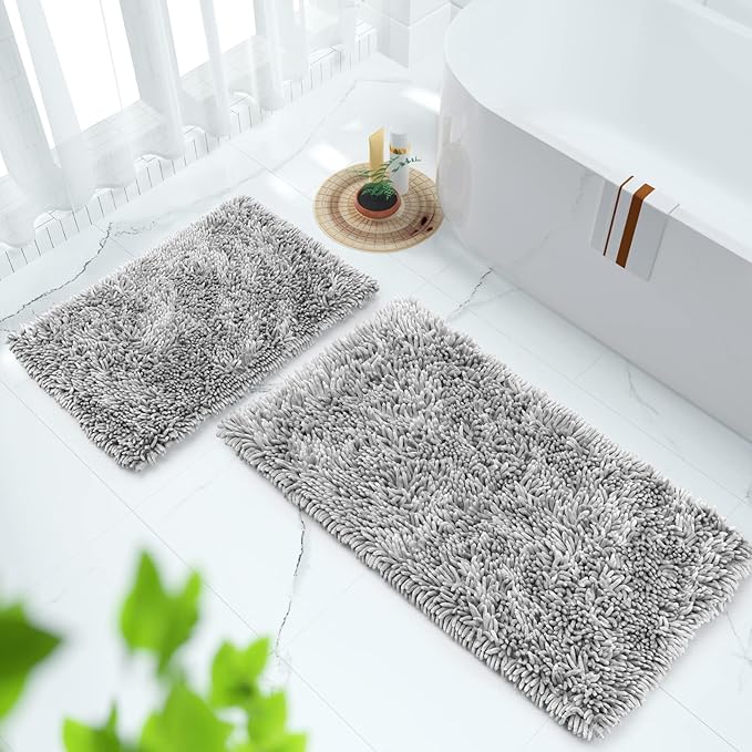 Yimobra Bathroom Rug Set 2 Piece, Luxury Shaggy Bath Mat Set with Non Slip Backing, Ultra Soft & Absorbent Mats for Bathroom Floor, Machine Washable, 44"x24"+24"x17", Light Grey