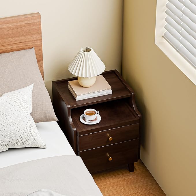 Narrow Nightstand with Drawers, Pre-Assembled Solid Wood Small Skinny Night Stand with Open Sliding Shelf Slim Bedside Table for Bedroom, Slim Side Table (2, Black Walnut, 16")