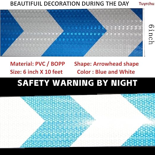 Reflective Tape Blue and White 6 inch X 10 feet, Outdoor Waterproof Hazard Conspicuity Warning Industrial Marking Tape