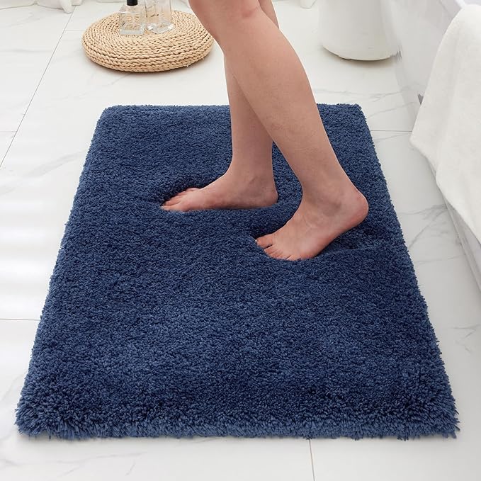 Bathroom Rugs, Ultra Thick Shaggy Soft Microfiber Absorbent Bath Rug, High Density Foam Latex Non Slip Backing, Machine Washable Bath Mats for Bathroom Floor & Sink 24x17, Navy Blue