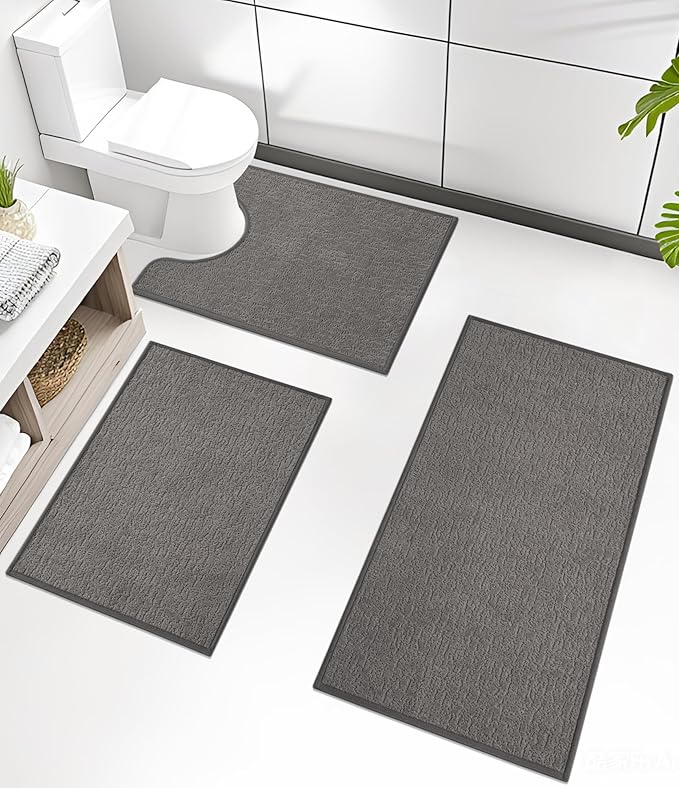 chakme 3 Piece Bathroom Rug Set, Ultra Thin Bath Mat, Absorbent & Quick Drying, Non Slip, Dark Grey, 17" x 24" / 17" x 30" / 17" x 59" Geometric Modern Bath Mat