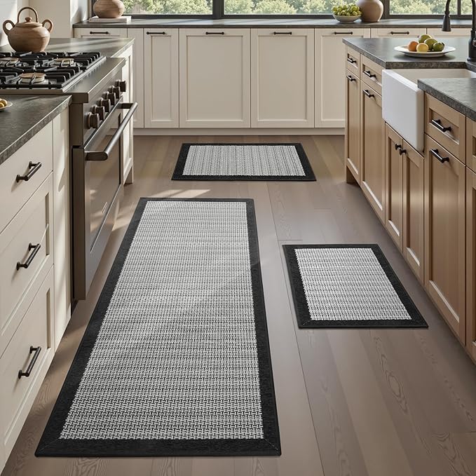 PADOOR Non Slip Kitchen Rugs Sets of 3 - Extra Large 2.5'x6' + 20"x32" + 20"x32" Runner Rugs for Kitchen Floor Non Skid Washable, Absorbent Kitchen Mat for in Front of Sink 3 Piece Black