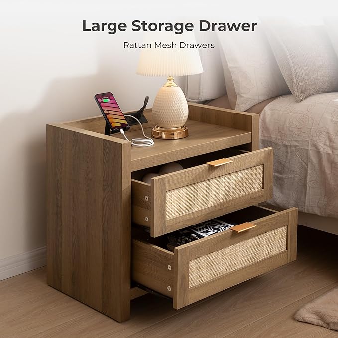SICOTAS Rattan Nightstand End Table - Night Stand Bedside Table with Type-C Charging Station, 2 Drawers Storage - Boho Night Stands for Bedroom - Natural Oak