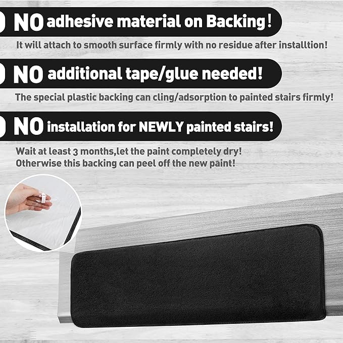 PURE ERA Carpet Stair Treads Ultra Plush 9.5" X 30"Soft Bullnose Indoor Stair Protectors Pet-Friendly Non-Slip Skid Resistant Tape Free Washable Reusable(7 Pieces,Black)