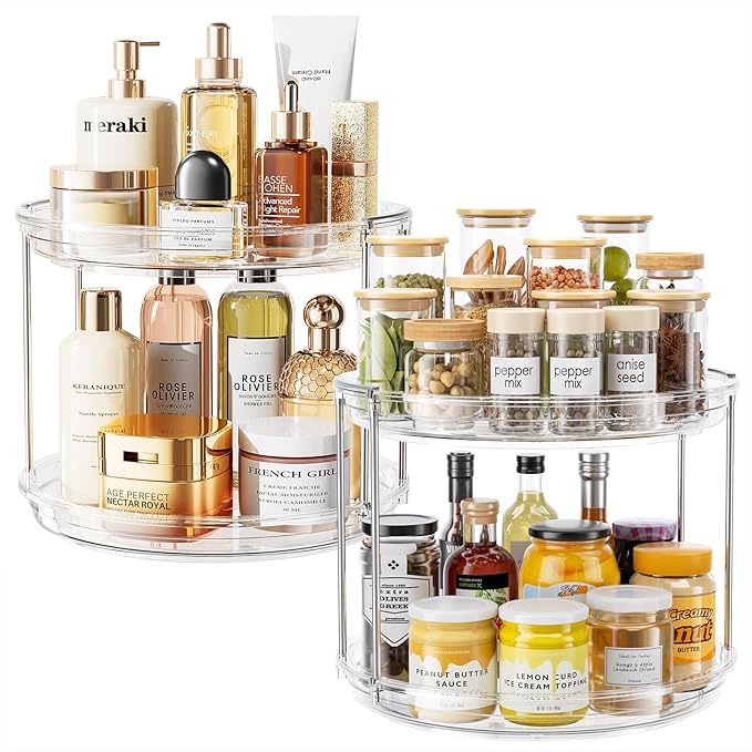 LAMU 2 Pack 2 Tier Lazy Susan Turntable Organizer 10.6'' Rotating Spice Rack Organization for Cabinet, Kitchen, Pantry, Countertop, Bathroom, Vanity, Medicine Cabinet Organizer, Clear