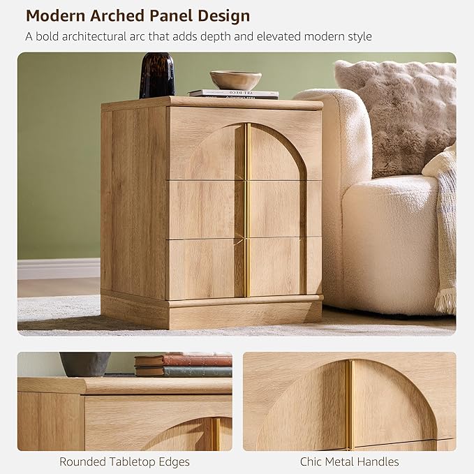 ACCOHOHO Modern Night Stand with Arched Panel, 18" Nightstand with Charging Station, Side Table with 3 Storage Drawers, Wood Square Bedside End Table for Bedroom Living Room, Natural Oak