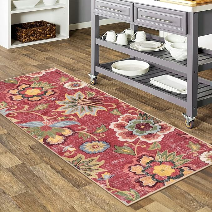 Beeiva Washable Laundry Room Rug Runner, 2x5 Red Ultra Thin Floral Kitchen Rugs Non Slip Washable, Vintage Small Bedside Christmas Rug Runner Lightweight Indoor Carpet for Entryway Bedroom