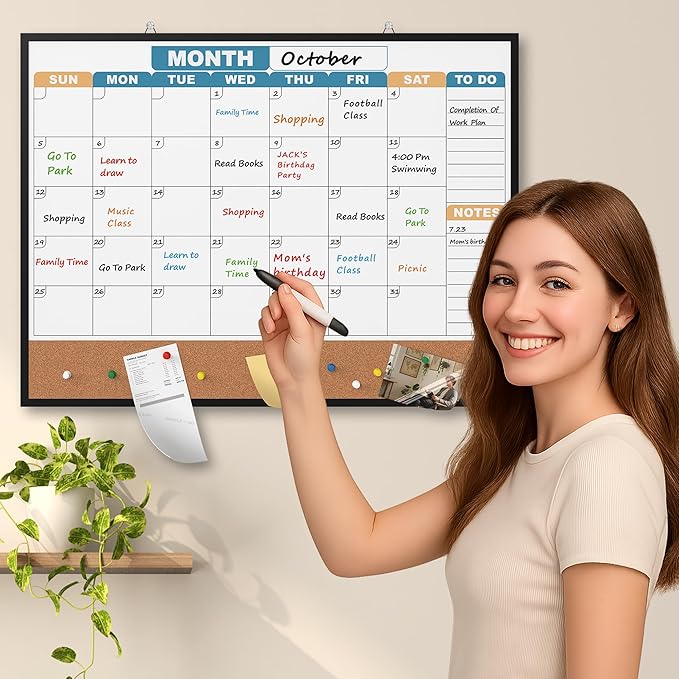 Monthly Calendar Dry Erase Board 24x18 Inch, Double-Sided Whiteboard and Corkboard Combo with Black Aluminum Frame (Color Calendar), Wall Mounted Planner with Marker, Magnet, Push Pin, Eraser