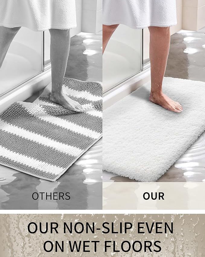 Bathroom Rugs 36x24, Ultra Thick Shaggy Soft Microfiber Absorbent Bath Rug, High Density Foam Latex Non Slip Backing, Machine Washable Bath Mats for Bathroom Floor & Sink, White