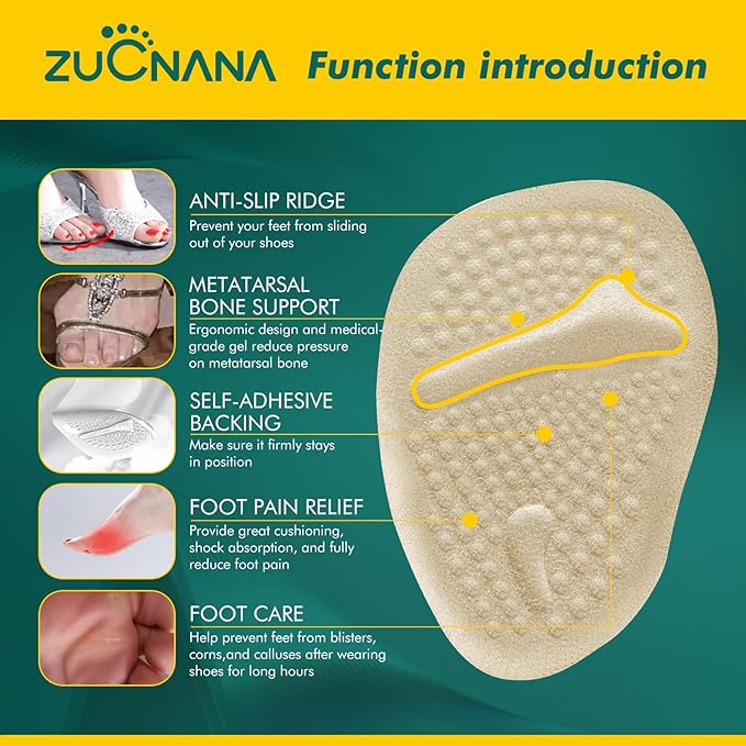 Ball of Foot Cushions (Beige) | Metatarsal Pads for Women (6 Pairs Foot Pads) | Reusable Shoe Inserts for Pain Relief | Non-Slip Heel Cushion Inserts Best for Neuroma and Callus