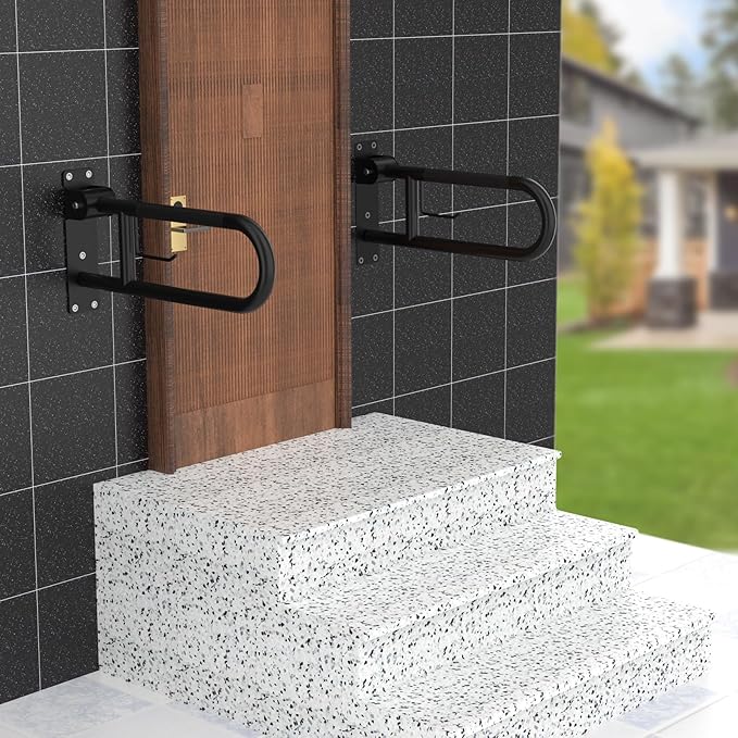 Toilet Grab Bar 22.4 Inch Black, Munzong Anti-Slip Handicap Grab Bars with Paper Holder, Flip-Up Bathroom Safety Rails, Stainless Steel Knurled Support handrails for Seniors Elderly Disabled Pregnant