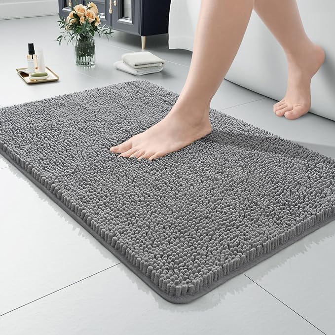 LOCHAS Luxury Bathroom Rug Shaggy Bath Mat 24 x 36 Inch, Washable Non Slip Bath Rugs for Bathroom Shower, Soft Plush Chenille Absorbent Carpets Mats, Light Gray