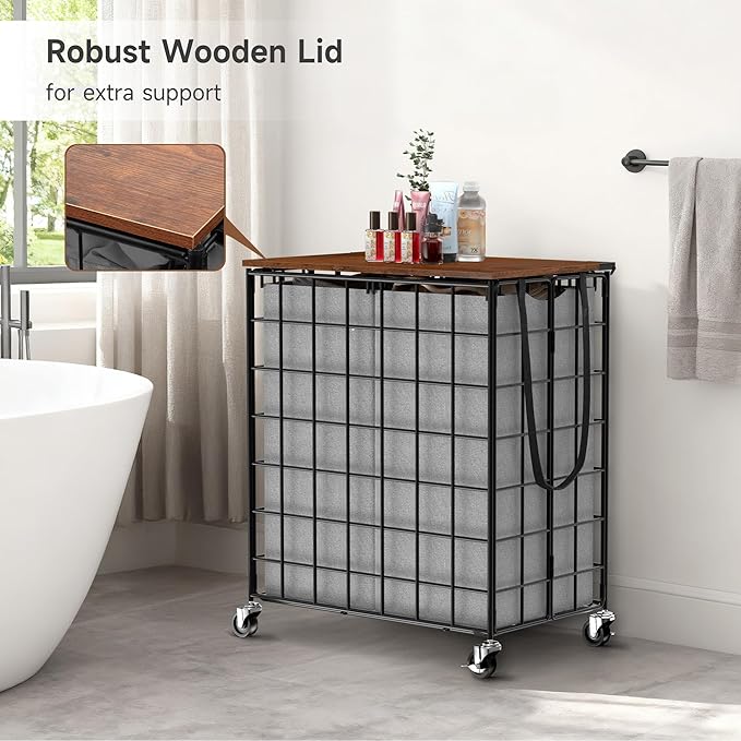 Laundry Basket with Wheels, Heavy Duty Laundry Sorter 2 Sections, Large Capacity 120L Laundry Hamper with Wood Lid, 360 Rolling Wheels, Extra Side Pocket, Leather Pull Handle (Grey)