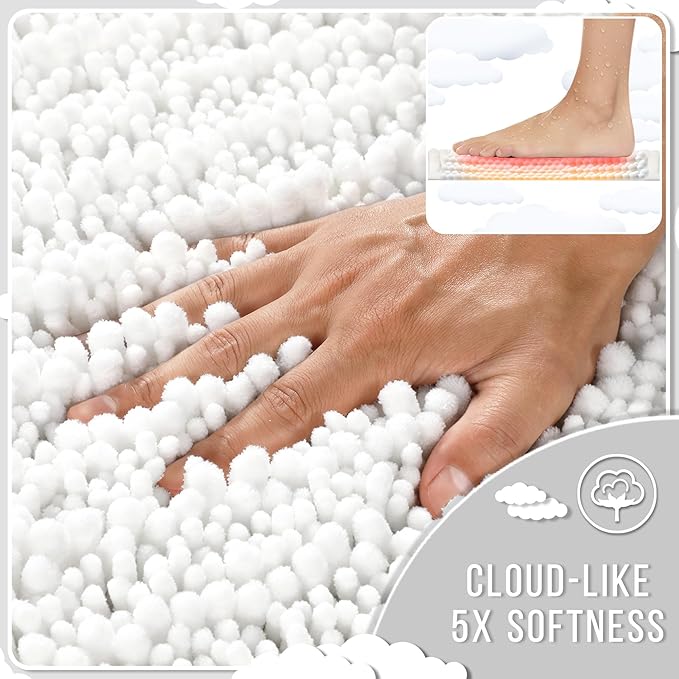 Yimobra Bathroom Rugs Sets 2 Piece - Quick Dry Extra Thick Luxury Chenille Bath Mat, Non Slip Super Absorbent for Tub Shower Sink, Machine Washable Shaggy Floor Mat, 24"x17+24"x20" Inch, White