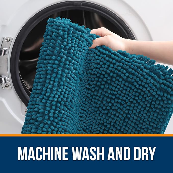 OLANLY Bathroom Rugs Sets 2 Piece, Soft Absorbent Chenille Bath Mats and U-Shaped Contour Toilet Mat Area Rug Set, Machine Washable Bath Carpet, Home Decor Accessories(30"x20"+24"x20", Peacock Blue)