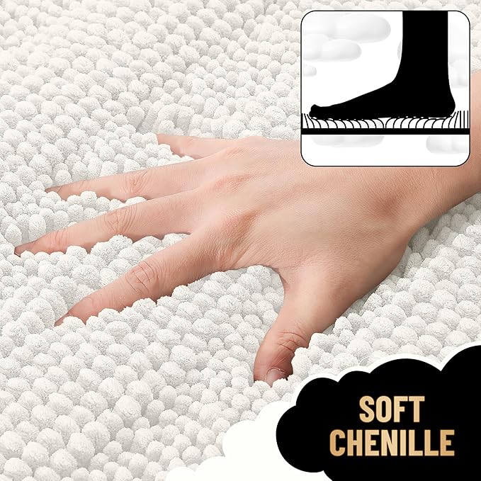 OLANLY Thick Bathroom Rugs 24x16, Extra Soft Absorbent Chenille Striped Bath Rugs, Rubber Backing, Machine Wash Dry, Bath Mats for Bathroom Floor, Tub and Shower, Home Decor Accessories, Ivory