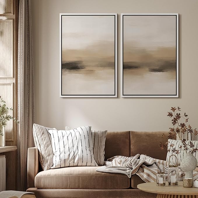MUDECOR Framed Canvas Print Wall Art Abstract Neutral Beige Contemporary Minimalist Landscape Illustrations Modern Art Decorative Bohemian Colorful for Living Room, Bedroom, Office - 24"x36"x2 White