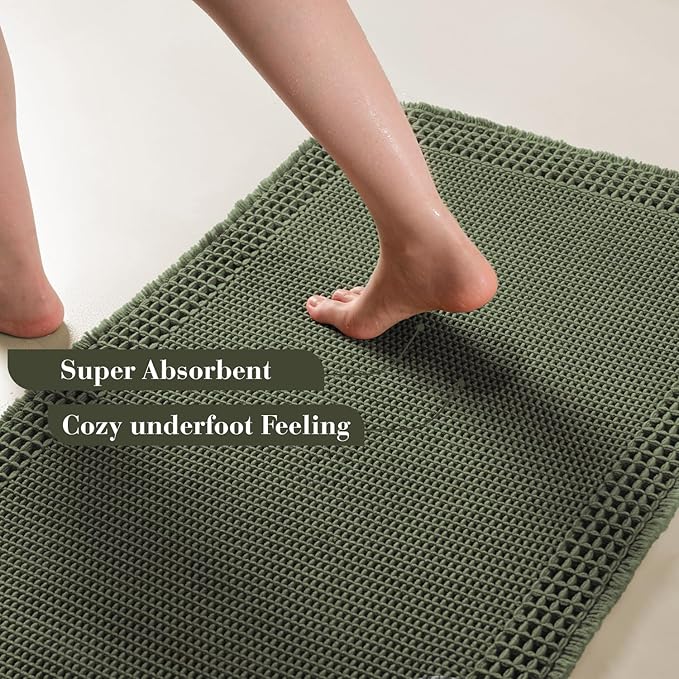 RESARE Christmas Waffle Bathroom Runner Rugs, Super Absorbent Bath Mat Non Slip Washable Quick Dry, Upgraded Ultra Soft Boho Bath Rugs with Tassels for Bedroom Laundry Room, 2'x6'(24"x72"), Green