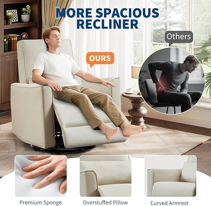 IDEALHOUSE Swivel Rocking Nursery Recliner Chair Rocker Recliner Glider Deep Seat PU Leather Sofa Chair with high Backrest for Nursery, Living Room, Bedroom & Home Movie Theater (Beige)