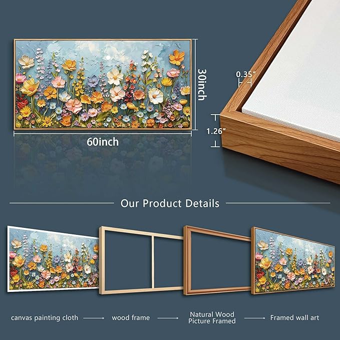PHAOHUAXM Large Canvas Wall Art For Living Room Dining Room Mural Vintage Print Picture YAbstract Colored Floral Wood Frame Wall Decor Artwork For Farmhouse Kitchen Bedroom Home Decoration30x60 In