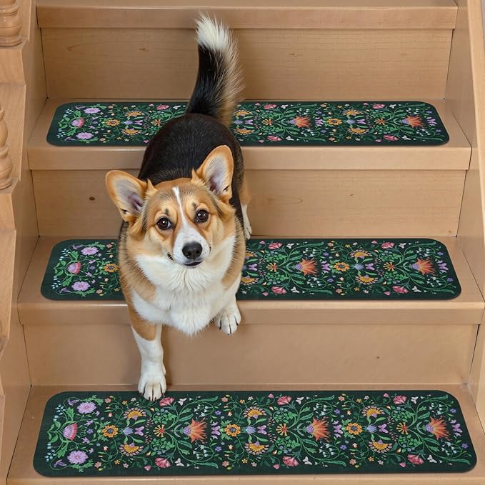 OJIA Floral Stair Treads Non Slip Stair Runners for Wooden Steps Indoor, 15PCS 8"x30" Rubber Backing Carpet Treads for Wood Stairs Staircase Step Treads for Kids & Dogs, Stair Covers, Green