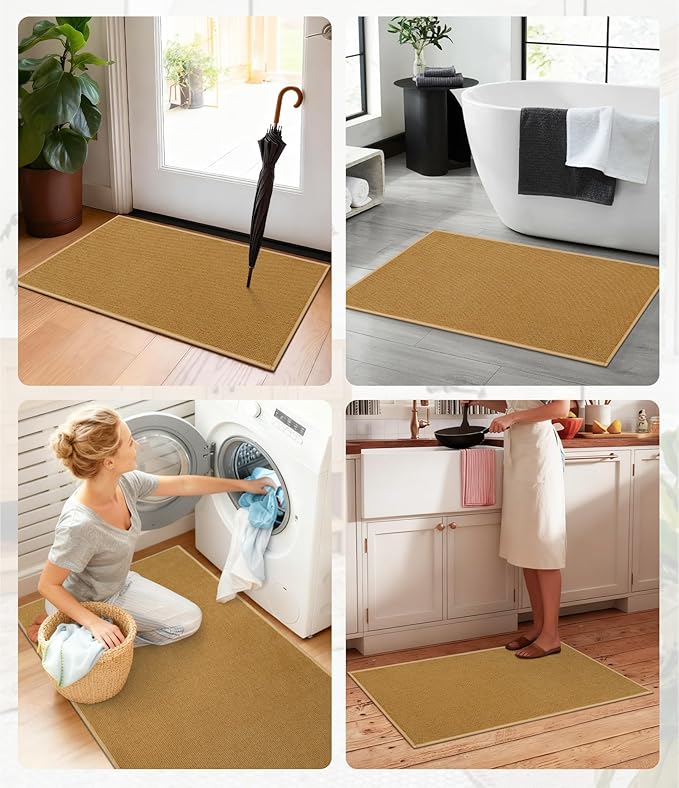 YIHOUSE Bathroom Rugs Mats Sets 5 Pieces, Ultra Thin Bath Mat Absorbent Non Slip Bath Rugs for Bathroom Washable, Shower, Sink, Laundry (Yellow, 5 Pieces)
