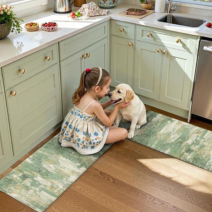 Collive Anti Fatigue Mats for Kitchens Floor, Abstract Non Skid Kitchen Rugs Sets of 2 Green Modern Standing Mat, Foam Cushioned Comfort Carpet for Office, Sink, Home Decor, 17"x59"+17"x29"