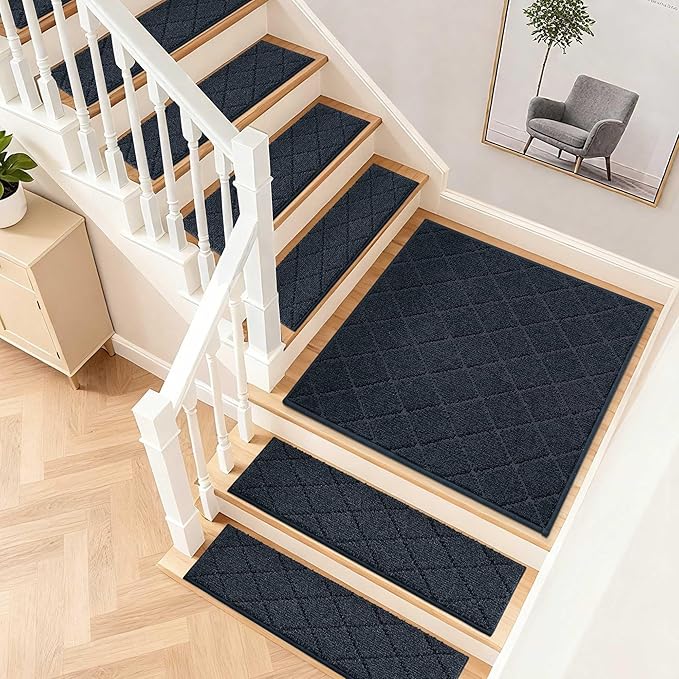 COSY HOMEER Stair Landing Rugs Non-Slip Corner Indoor Edging Stair Treads for Wooden Steps,Washable Soft Stair Landing Mat for Kids,Elder and Dogs,Polyester,TPE Backing,Navy,30x30inch