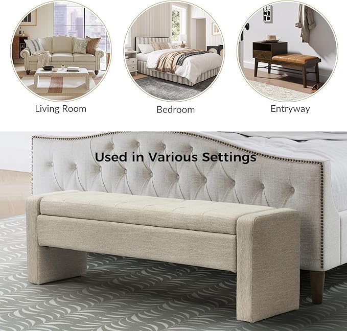 55" Modern Upholstered Storage Bench with Tufted Seat, Fabric Ottoman Bench for Bedroom, Entryway, or Living Room, Soft Close Hinge,Beige