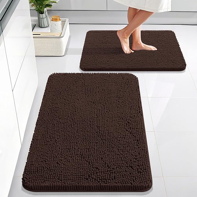 OLANLY Bathroom Rugs Sets 2 Piece, Soft Absorbent Chenille Bath Mats Area Rug Set, Non-Slip, Quick Dry, Machine Washable Bath Mats for Bathroom, Home Decor Accessories (30"x20"+24"x16", Brown)