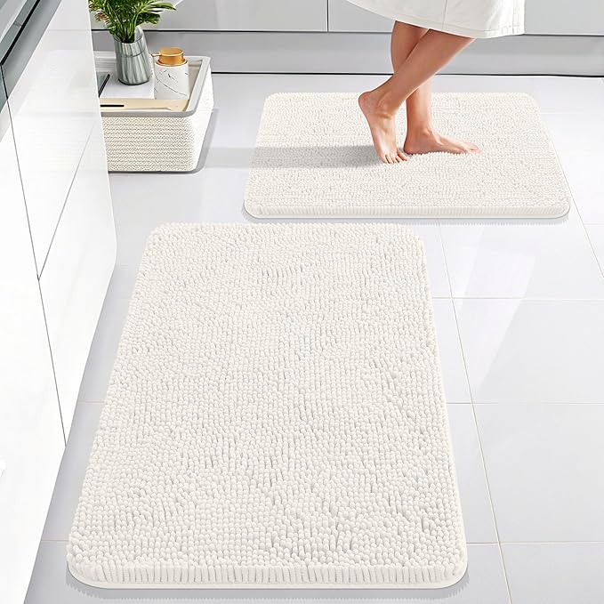 OLANLY Bathroom Rugs Sets 2 Piece, Soft Absorbent Chenille Bath Mats Area Rug Set, Non-Slip, Quick Dry, Machine Washable Bath Mats for Bathroom, Home Decor Accessories (30"x20"+24"x16", Ivory)