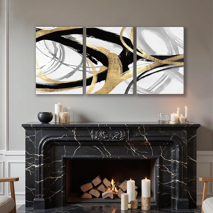 DUWQU 3 Piece Black and Gold Abstract Canvas Wall Art, Modern Black Gold and White Wall Decor, Spiral Brushstrokes Line Art Prints for Living Room Bedroom Office Home Decorations 12×16x3 In