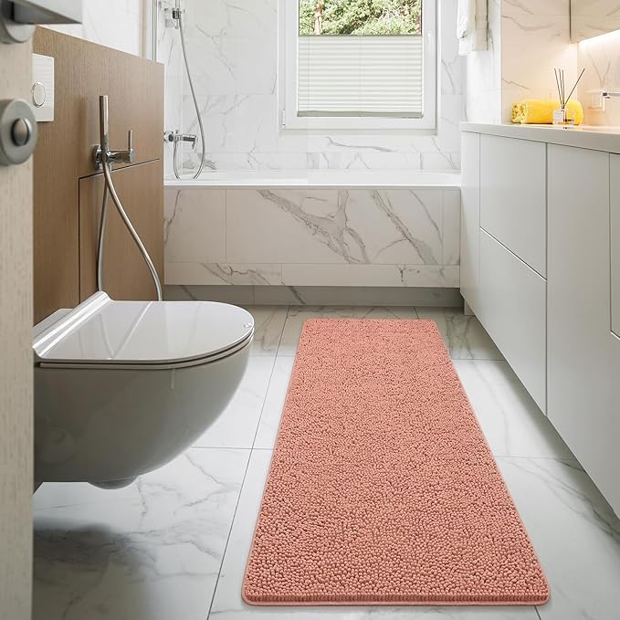 LOCHAS Luxury Bathroom Rug Shaggy Bath Mat 24 x 60 Inch, Washable Non Slip Bath Rugs for Bathroom Shower, Soft Plush Chenille Absorbent Carpets Mats, Pink