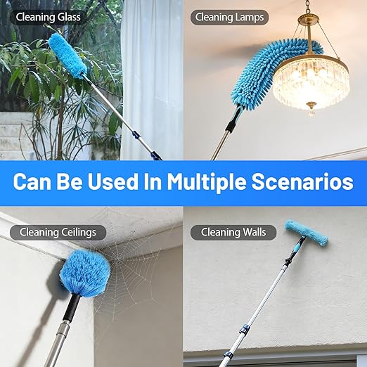 20 Foot High Ceiling Fan Duster with 5-12ft Extension Pole, Heavy Duty High Reach Duster Kit for Cleaning, Spider Web Brush, Washable Dust Brush for High Roof and Glass Surfaces