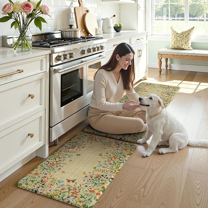 KIMODE Kitchen Mats Cushioned Anti Fatigue, Summer Farmhouse Flower Kitchen Rugs Sets of 2, Padded Kitchen Floor Mats, Non Slip Standing Mats for Sink Laundry Office Desk Brown 20"x47"+20"x32"