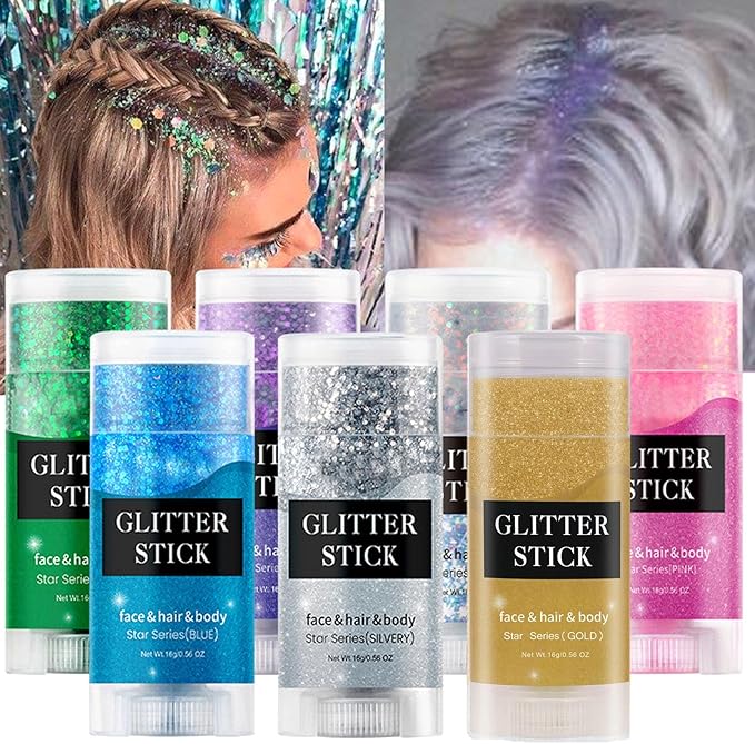 MEICOLY Purple Hair Glitter Stick,Halloween Mermaid Face Glitter Paint,Mardi Gras Outfit for Women Accessories,Waterproof Body Glitter Chunky Makeup,Body Glitter for Spirit Week Costume