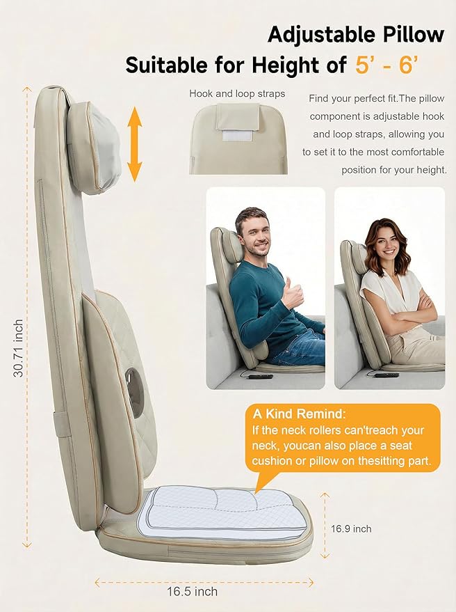 Shiatsu Neck and Back Massager for Chair: 4D Kneading, 3D Rolling, Adjustable Neck Height, Back Massager Relieves Fatigue Deep Tissue Massage - Gifts for Men & Women